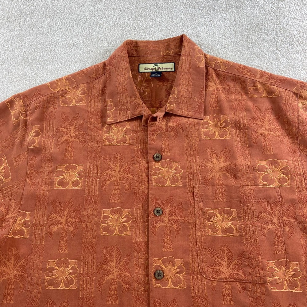 Tommy Bahama Button Down Mens Medium Orange Silk Tropical Palm Hibiscus Shirt